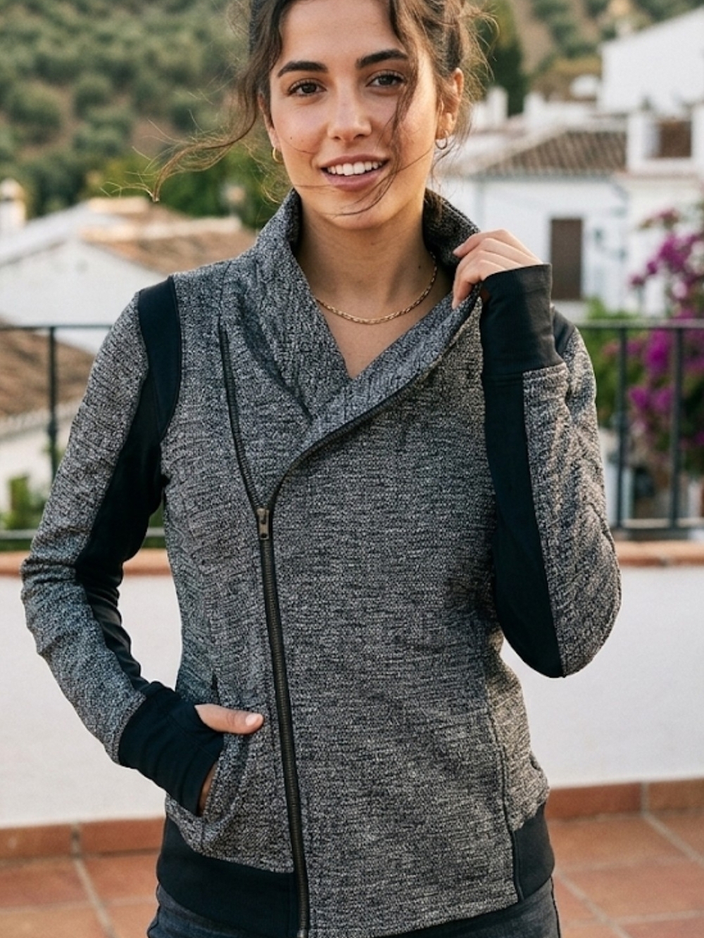 Lululemon Brisky Biker Moto Jacket - Heathered Black/Grey - Asymmetrical Zip 8